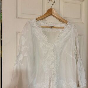 Talbots white, lace-trimmed, long-sleeve shirt